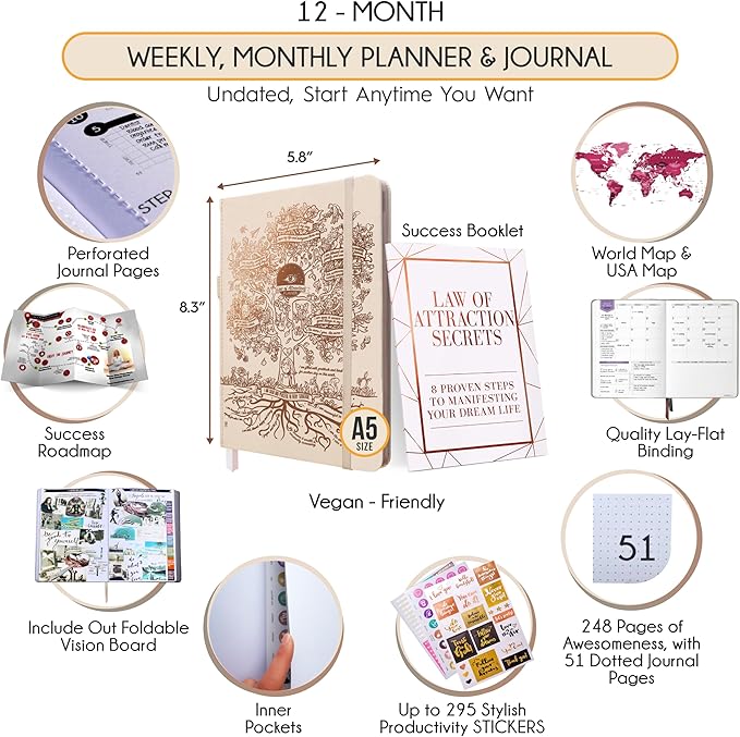 Life Planner - Undated Weekly & Monthly Planner, 12-Month Journey to Increase Productivity | Gratitude Journal, Life Organizer & Goal Journal | Include Foldable Vision Board, Habit Tracker & Stickers