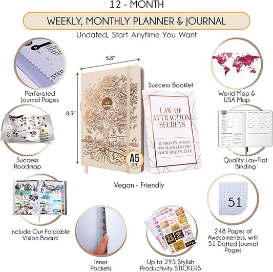 Life Planner - Undated Weekly & Monthly Planner, 12-Month Journey to Increase Productivity | Gratitude Journal, Life Organizer & Goal Journal | Include Foldable Vision Board, Habit Tracker & Stickers