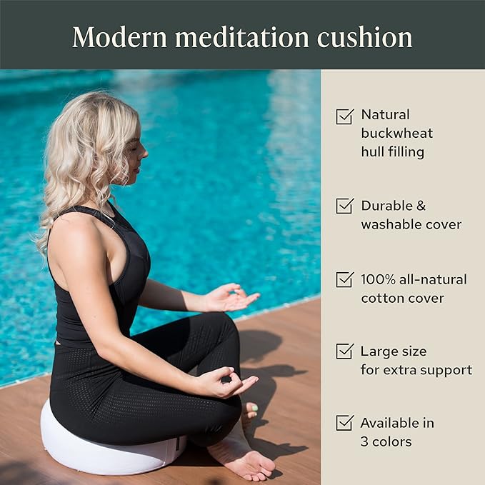 Mindful & Modern Large Meditation Cushion | Zafu Yoga Bolster Meditation Floor Pillow Seat | Buckwheat Hull Filled Crescent Shaped Cushion with Removable Washable Cover + Carry Handle