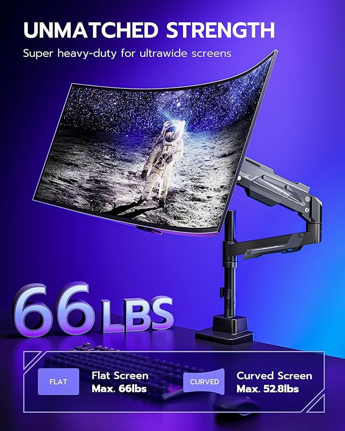 ARES WING Single Monitor Mount, Ultrawide Monitor Arm for 24 to 57 Inch Heavy Duty Curved Screen, Adjustable Gas Spring Monitors Arm Stand up to 66LBS with 75/100/200 Vesa Mount, Black