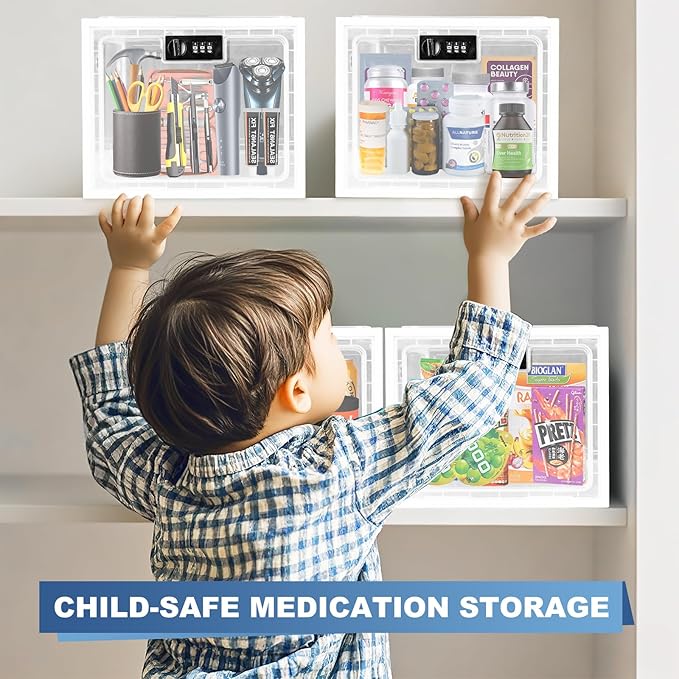 Medicine Lock Box for Safe Medication, Premium Material Lockable Storage Box Locking Organizer Bin with Combination Code for Fridge Food/Snacks/Phone/Tablet Jail/Home/Office Storage Lockers