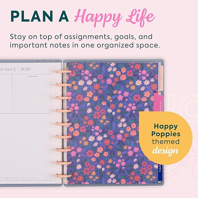 Happy Planner Disc-Bound Planner Jan.–Dec. 2026, Includes 3 Extra Months and 2 Sticker Sheets, Classic Size, 7" x 9.25", Dashboard Layout, Happy Poppies