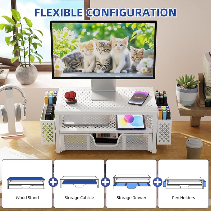 Simple Trending 2 Tier Metal Monitor Stand Monitor riser and Computer Desk Organizer with Drawer and Pen Holder for Laptop, Computer, iMac, White
