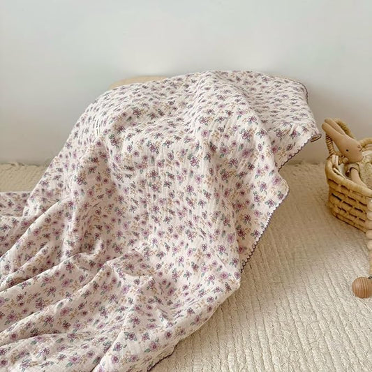 BuLuTu Muslin Cotton Toddler Blanket for Crib, Shabby Chic Purple Floral Print, Large Crib Blanket 47x51 Inch, Cottage Baby Quilt for Unisex Boys Girls Gifts, Soft Lightweight