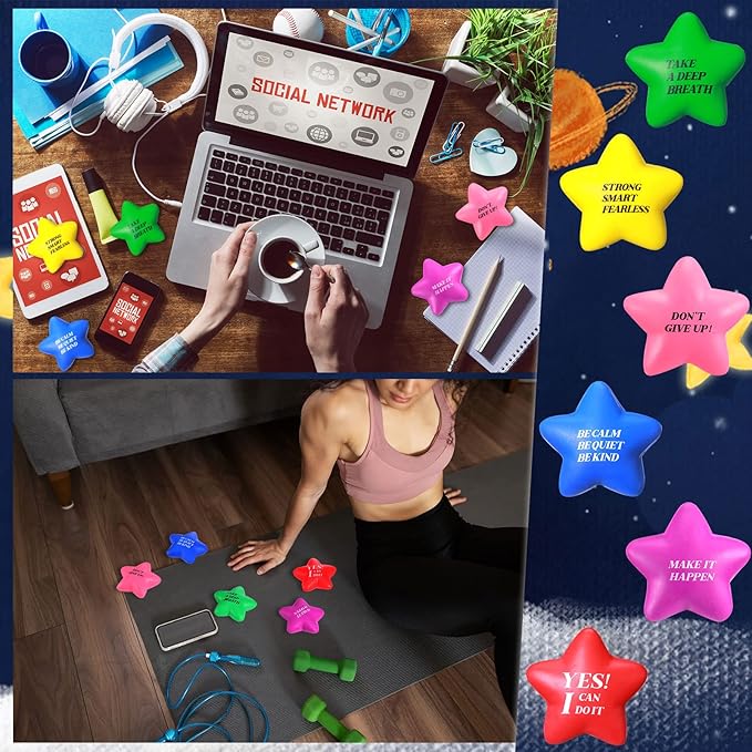 Chalyna 30 Pieces Motivational Star Stress Ball Quote Relief Ball, 2.2 Inch Pu Foam Stress Balls Bulk Sensory Star Ball Gifts for Kids Teens Adults Relieve Anxiety Party Supplies (Assorted Colors)