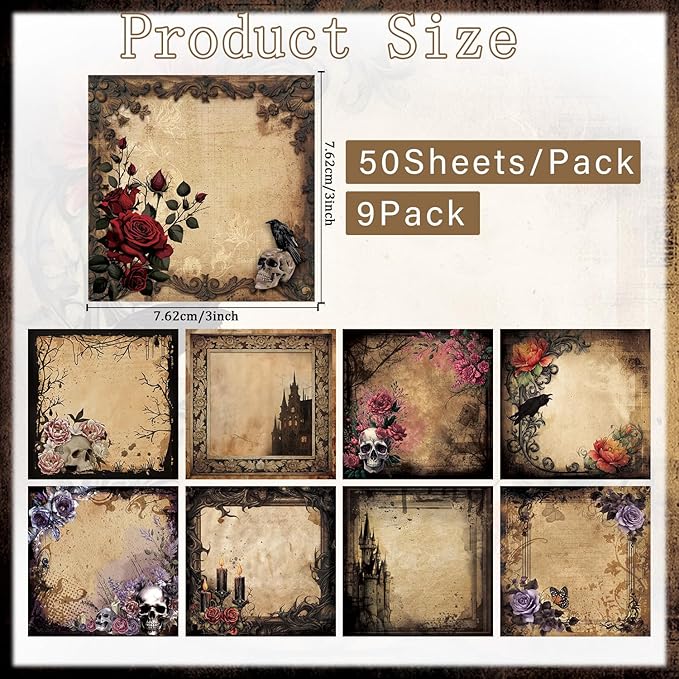 Gothic Sticky Notes Gifts - 9 Pack Gothic Sticky Notes 3x3 Goth Office Supplies Goth Style Design Self-Stick Notepads Creepy Spooky Memo Post Pads School Office Supplies 450 Sheets