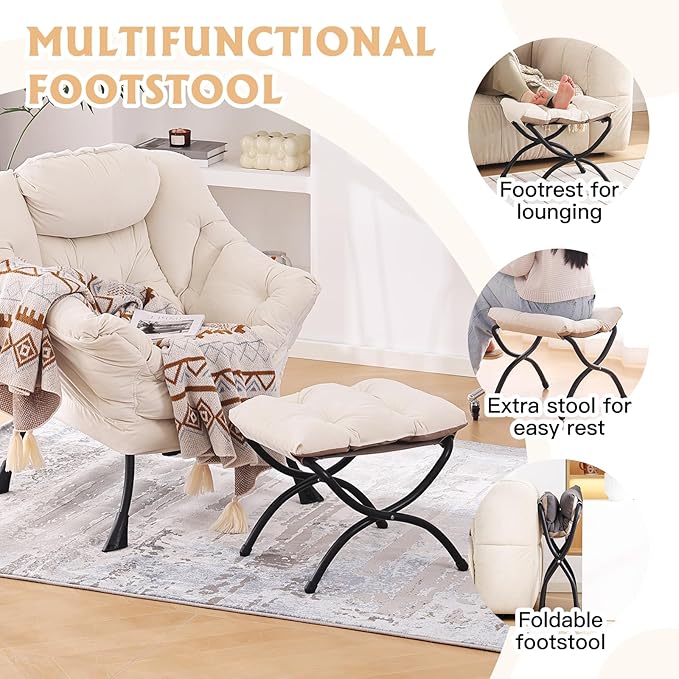 Welnow Folding Foot Stool, Upholstered Small Accent Ottoman with Detachable Thick Cotton Cushion Padded Sofa Stool and Metal Frame for Lazy Chair, Living Room, Bedroom, Beige