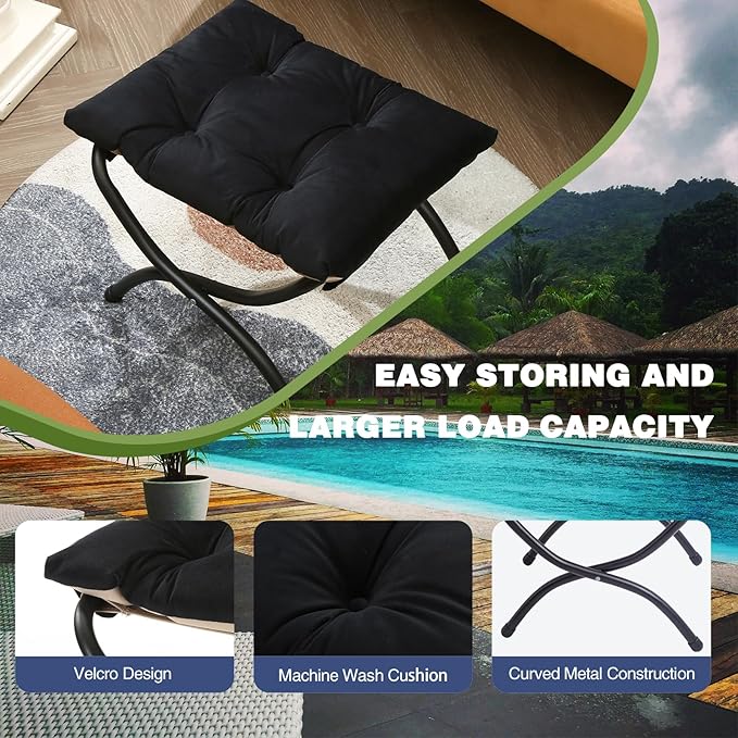 15" Foldable Foot Stool Ottoman with Metal Frame - Washable Black Upholstered Indoor/Outdoor Footrest for Living Room, Bedroom, Patio - Space-Saving Compact Design