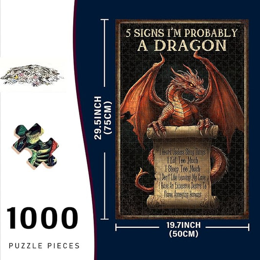 1000 Piece Wooden Puzzle Dragon Tin Plaque 5 Signs I'm Probably A Dragon Quick Play Focus Tool for Adults Kids Quiet Play Therapy 29.5x19.7 Inch