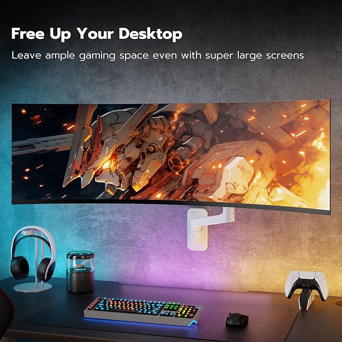 ARES WING Wall Mount Monitor Arm for 17-49 Inch Ultrawide Screens, Heavy Duty Single Monitor Mount Holds 44 lbs, Fully Adjustable Gas Spring Wall Mount, 75x75/100x100 VESA Mount, White