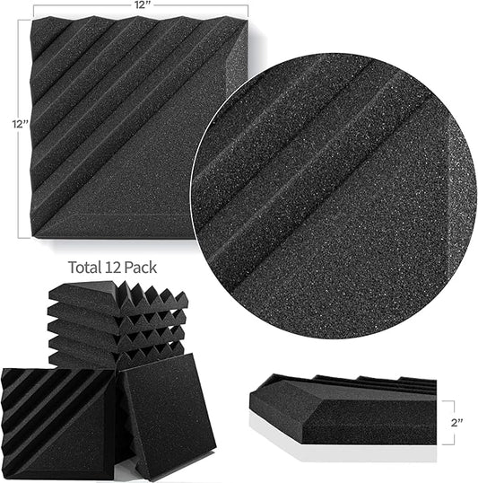 12 Pack Sound Proof Foam Panels for Walls, 12x12x2 Inches Half-Slash Style Acoustic Panels for Home Studio Acoustic Treatment (Black)