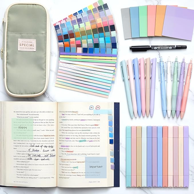 135 Pcs Book Annotation Kit Aesthetic Pencil Case Bag with 12 Highlighter 11 Gel Pen 1 Marker 300 Sheets Transparent Sticky Notes Pads 2640 Index Tabs Bible Study Supplies for School Gift(Light Green)