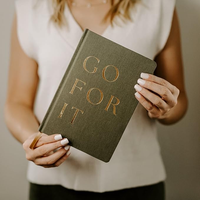 Sweet Water Decor Cute Motivational Lined Composition Notebook for Women, 100 Ruled Pages for Writing, Diary with Fabric Inspirational Olive Cover (Go For It)