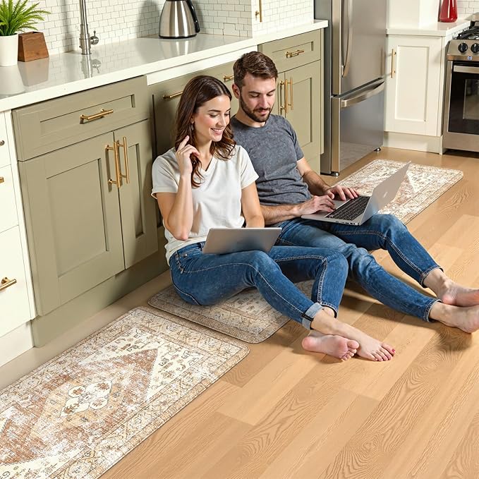 KIMODE Anti Fatigue Kitchen Mats for Floor 2 Piece 20"x59"+20"x32", Khaki Boho Distressed Kitchen Rugs, Non Slip Waterproof Kitchen Floor Mat, Comfort Foam Standing Mat for Sink Laundry Office Desk