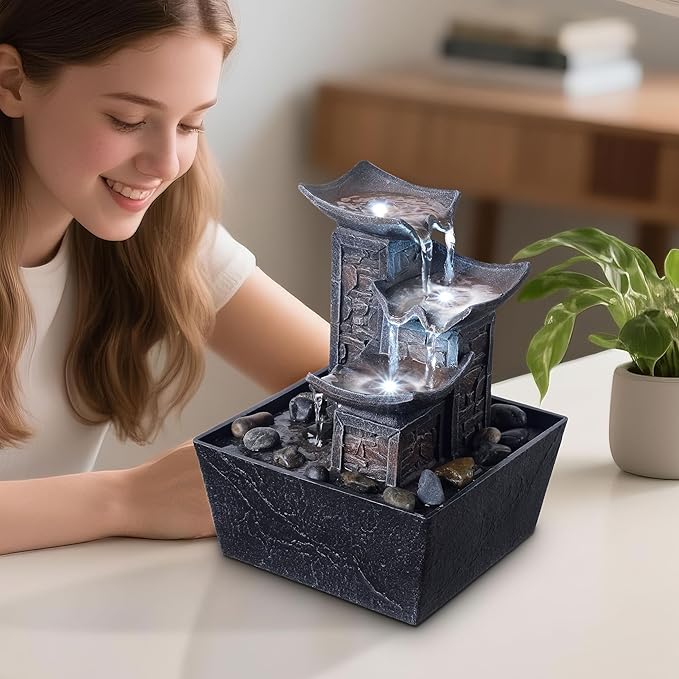 Tabletop Fountain Indoor Waterfall – 3-Tier Black Zen Decor with Pebble Base, White LED Light, Water Pump & On/Off Switch – Desktop Feng Shui Relaxation Gift for Home or Office (21110B)