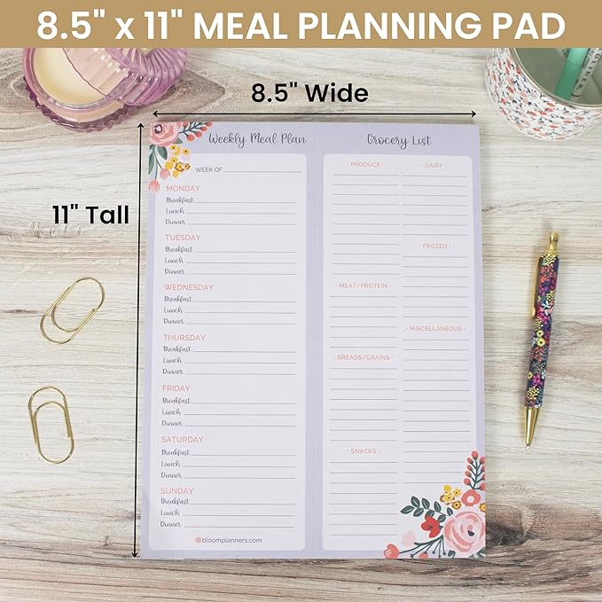 bloom daily planners Weekly Magnetic Meal Planning Pad for Fridge with Tear-Off Grocery Shopping List - Hanging Food/Menu Organizer Notepad with Magnets - 8.5” x 11”
