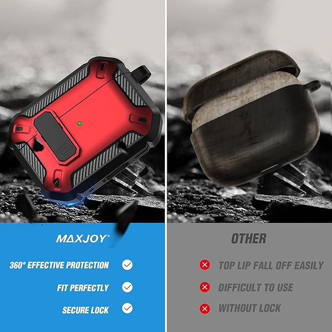 Maxjoy AirPods Pro 2nd/1st Generation Case Cover with Lock, AirPods Pro 2 Protective Case with Keychain Compatible with Apple AirPod Pro2 2023 USB C Cable 2022 Lightning Cable/ Pro1 2019, Red