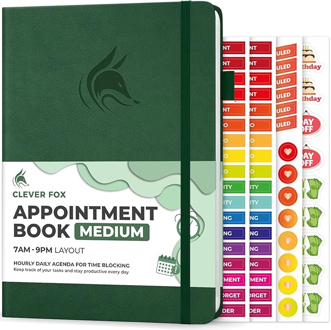 Clever Fox Appointment Book – Hourly Schedule Planner with Time Slots – Time Box Planner for Daily Work & To-Dos – Weekly & Monthly Spreads, Undated, Hardcover, A5 Size (Dark Green)
