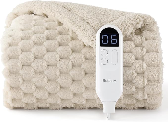 Bedsure Heated Blanket Throw - Super Soft Flannel Sherpa Electric Blanket with Bubble Pattern, Heating with 6 Heating Levels, 4 Time Settings, and 3-Hour Auto-Off (Light Brown, 50x60 inches)