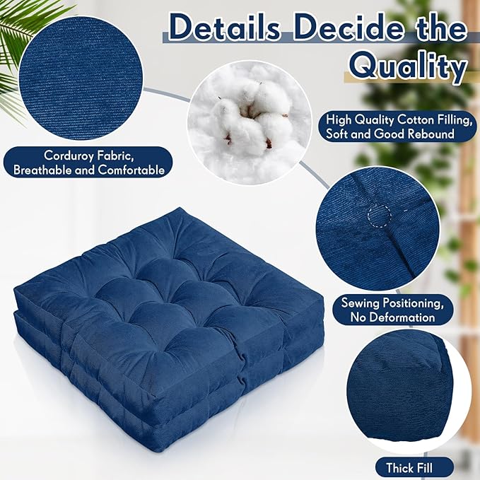 Jerify 4 Pcs Floor Pillow Cushions 22 x 22 Inch Round Square Large Meditation Floor Pillow for Classroom Adult Meditation Picnic Party Cushion for Seating Gift Christmas(Navy Blue,Square)