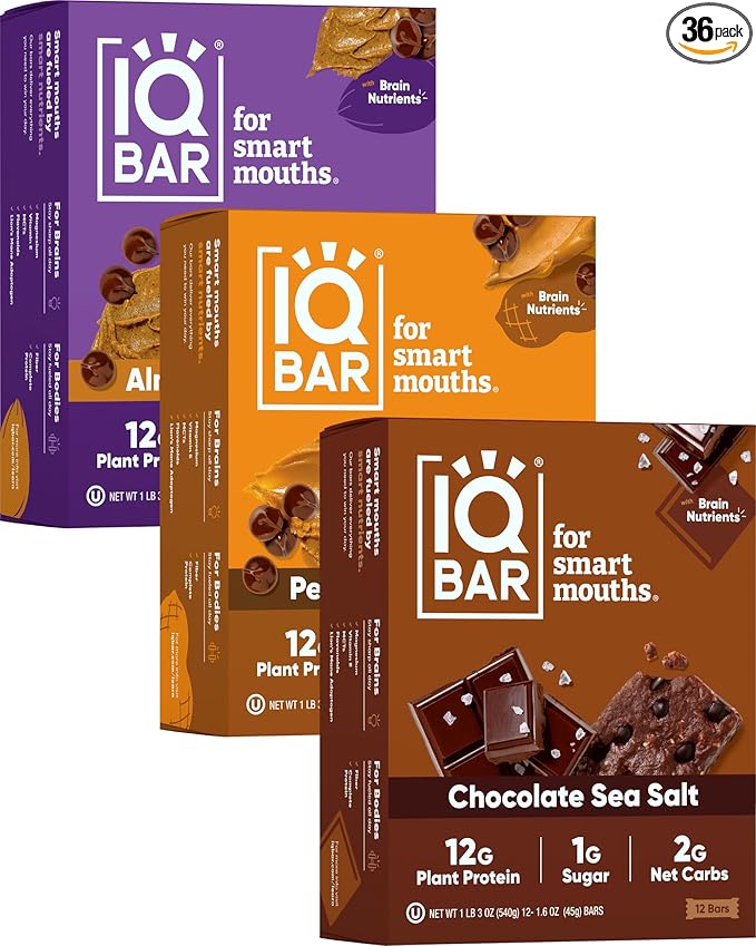 IQBAR Brain and Body Plant Protein Bars - Chocolate Lovers Variety - 36-Count Low Carb - Gluten Free, High Fiber, Vegan Snacks - Low Sugar Meal Replacement