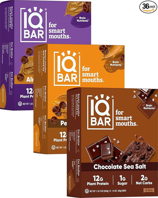 IQBAR Brain and Body Plant Protein Bars - Chocolate Lovers Variety - 36-Count Low Carb - Gluten Free, High Fiber, Vegan Snacks - Low Sugar Meal Replacement