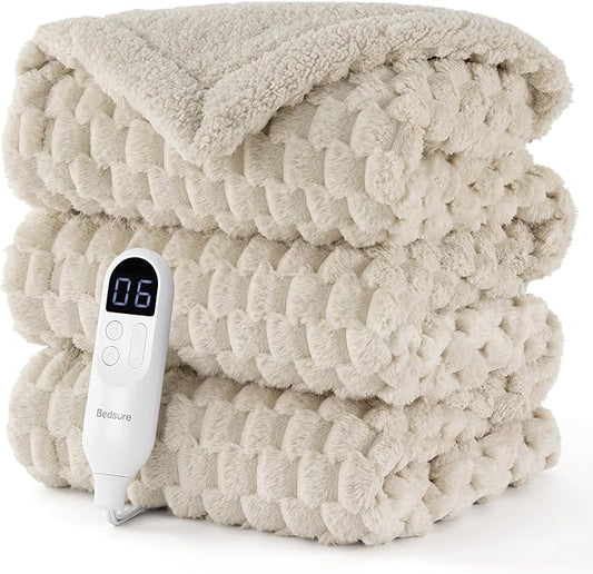 Bedsure Electric Blanket Twin Size - Super Soft Flannel Sherpa Heated Blanket with Bubble Pattern, Heating with 6 Heating Levels, 10 Time Settings, and 8-Hour Auto-Off (Light Brown, 62x84 inches)
