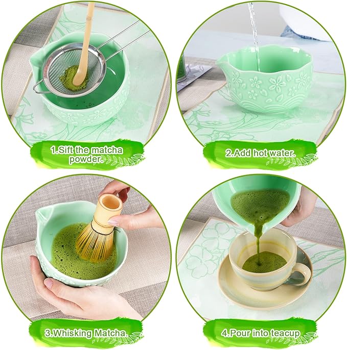Matcha Whisk Set, Matcha Set 7 Pcs, Ceramic Matcha Bowl with Spout, Bamboo Chasen Whisk & Holder, Scoop, Sifter, Tea Towel, Ideal Gift Christmas, Birthday(Green)