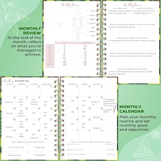 PLANBERRY Food Journal Premium – Nutrition Planner – Diet & Calorie Tracker – Meal & Exercise Diary – Weight Loss Journal (Avocado Green)