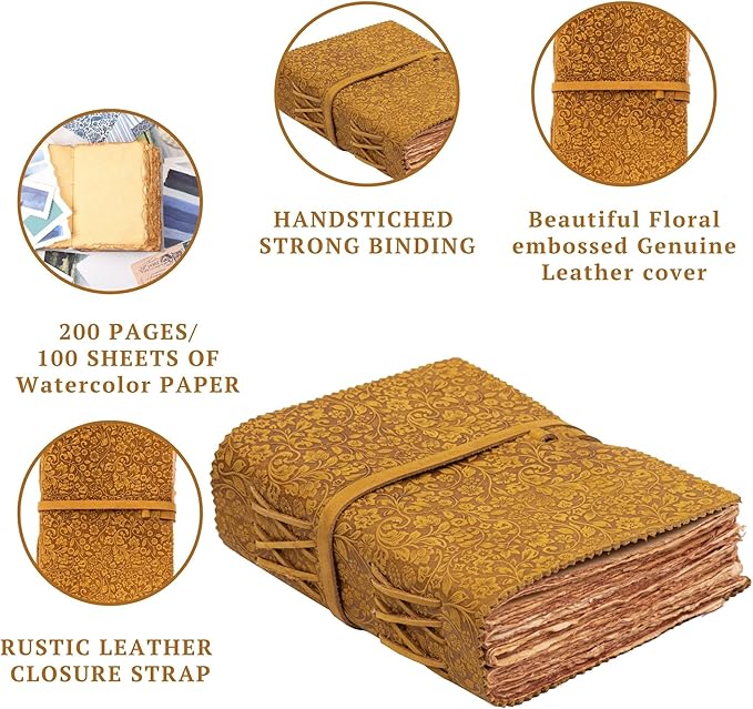 LEATHER VILLAGE Leather Bound Floral Embossed Journal for Women Men - 200 Pages, 8”X6”(A5), Sun Tan - Book of Shadows, Vintage Blank Paper Travel Diary, Notebook for Writing, Drawing, Sketchbook