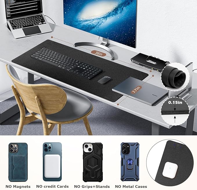 Wireless Charging Mouse Pad Firelison 2 in 1 Leather Multifunctional Office Desk Pad with Non-Slip Rubber Base, Waterproof Desk pad for Computers/Office/Work/Home/Decor（ 36" x 17"Black - L）