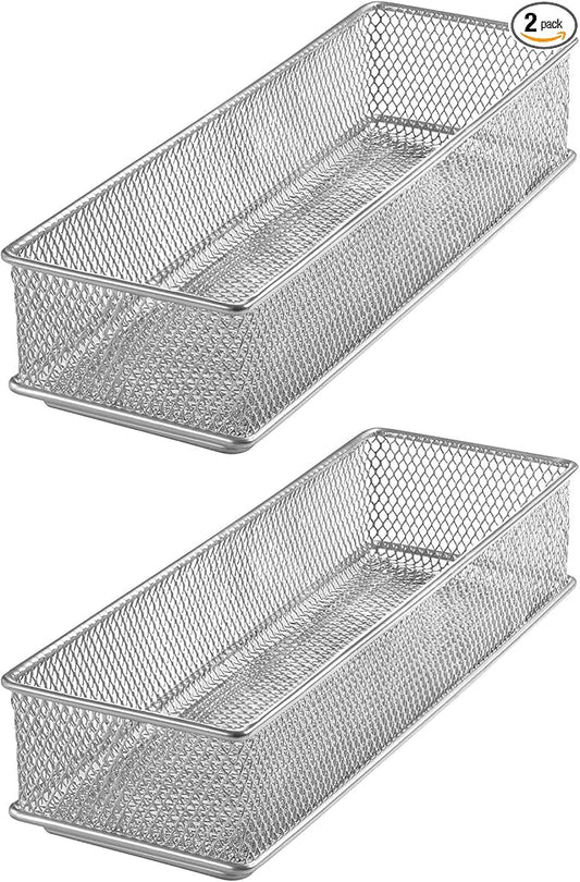 YBM HOME Silver Mesh Drawer Cabinet and or Shelf Organizer Bins, School Supply Holder Office Desktop Organizer Basket (2, 3x9x2 Inch)