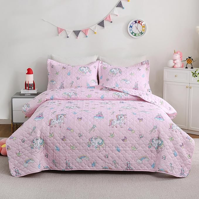 Pink Unicorn Girls Quilt Set Twin Size Kids Bedding Sets Lightweight Summer Bedspread Soft Microfiber Breathable Bed Comforter All-Season
