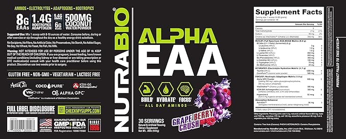 NutraBio Alpha EAA - All-Day Amino Acids for Muscle Growth and Hydration - Essential Amino Acids with Nootropics & Adaptogens- Full Spectrum EAA BCAA Powder - 30 Servings - Grape Berry Crush