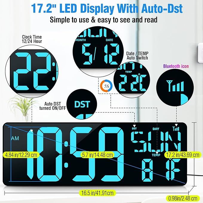 TXL 17.2" Large Digital Wall Clock Bluetooth Sync Time, LED Wall Clock with Date and Temperature, Count Up/Down Timer Clock with Remote Control, Adjustable Brightness Alarm Clock