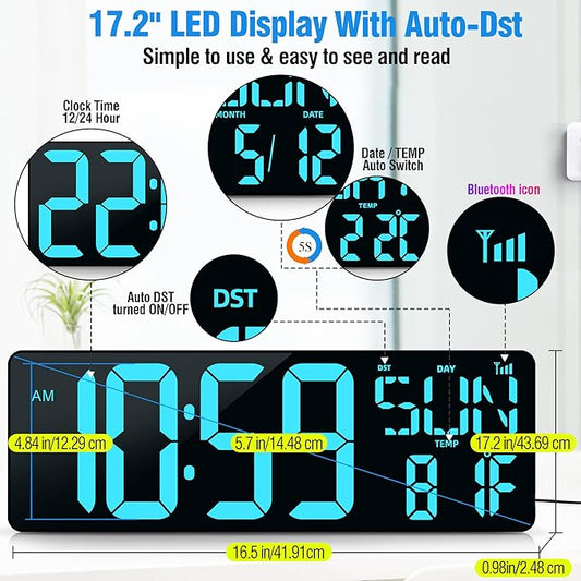 TXL 17.2" Large Digital Wall Clock Bluetooth Sync Time, LED Wall Clock with Date and Temperature, Count Up/Down Timer Clock with Remote Control, Adjustable Brightness Alarm Clock
