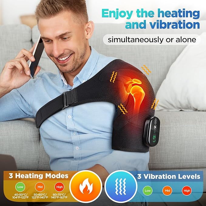 Cordless Portable Shoulder Heating Pad & Massager, Heating Vibration Shoulder Wrap, Shoulder Brace for Pain Relief, Rotator Cuff Support for Men & Women, Black