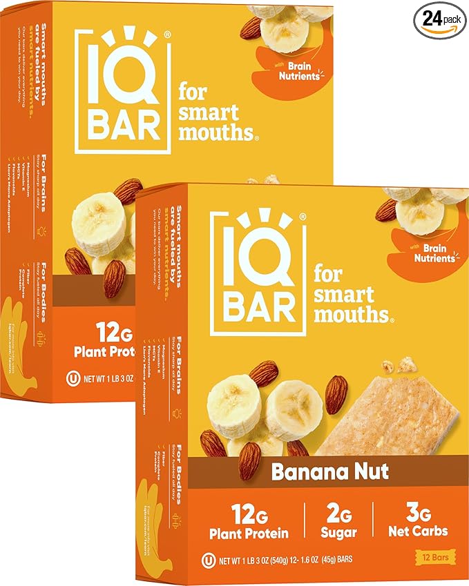 IQBAR Brain and Body Plant Protein Bars - Banana Nut - 24-Count Low Carb - Gluten Free, High Fiber, Vegan Snacks - Low Sugar Meal Replacement