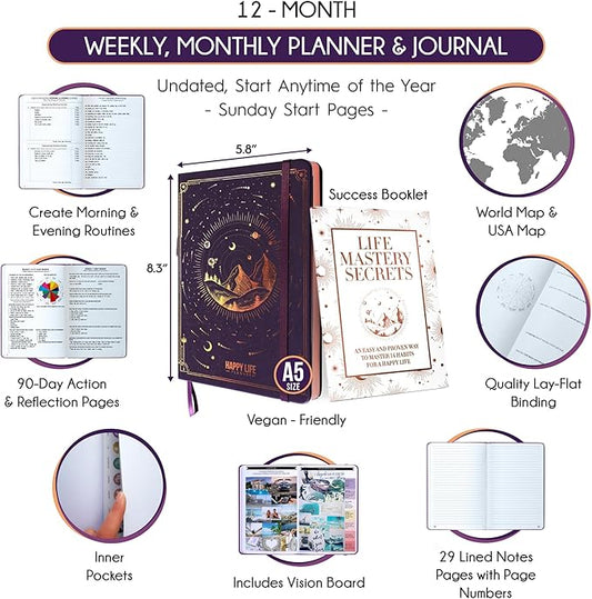 Life Mastery Planner - A 12 Month Journey to Crush Your Goals, Increase Productivity, Passion, Success & Happiness - Weekly & Monthly Life Planner, Habit-Tracker, Gratitude Journal & Organizer, A5
