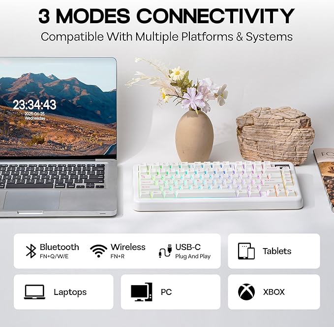 KiiBoom Phantom81 Lite 75% Gasket Mechanical Keyboard, QMK&VIA Programmable, 3 Modes Wireless Gaming Keyboard, RGB Backlights, ABS Case + UV Tech, Hot-Swappable for Windows/Mac/Linux (White)