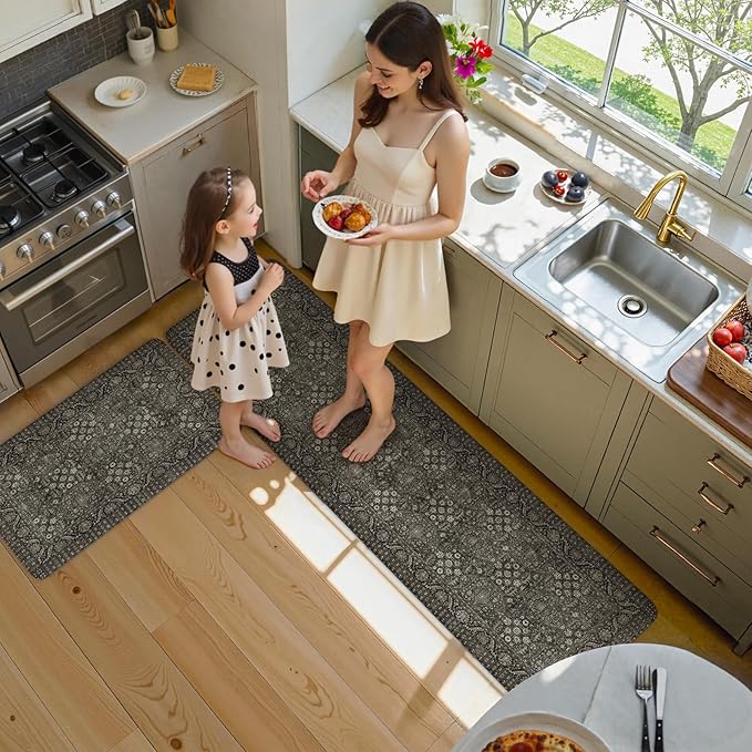 KIMODE Kitchen Mat for Floor Cushioned Anti Fatigue, 20"x71"+20"x32" Farmhouse Kitchen Rugs Sets of 2, Non Slip Waterproof Kitchen Floor Mat, Standing Mat for Sink Laundry Office Desk Green/Grey