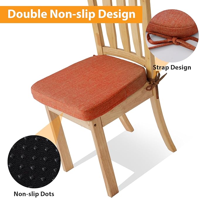Chair Cushions for Dining Chairs, 2" Thick Seat Cushions for Kitchen Chairs, D-Shaped Chair Pads with Washable Cover, Ties and Non Slip Backing, 17'' x 16'', Set of 6, Orange