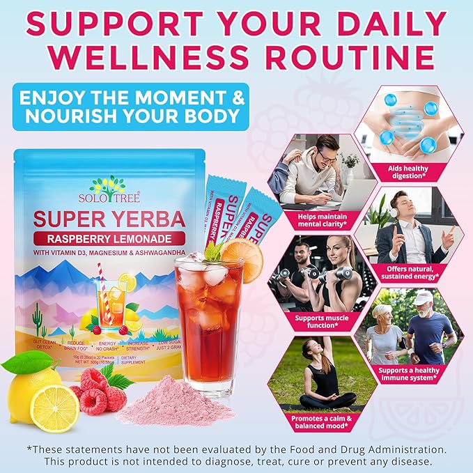Super Yerba, Yerba Mate Instant Tea Powder, Natural Raspberry Lemonade Flavor, Energy Boost & Focus and Gut Health Support 30 Servings