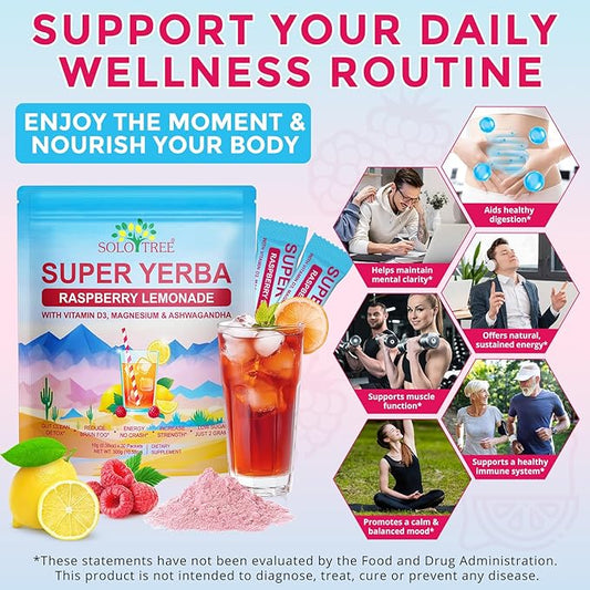Super Yerba, Yerba Mate Instant Tea Powder, Natural Raspberry Lemonade Flavor, Energy Boost & Focus and Gut Health Support 30 Servings