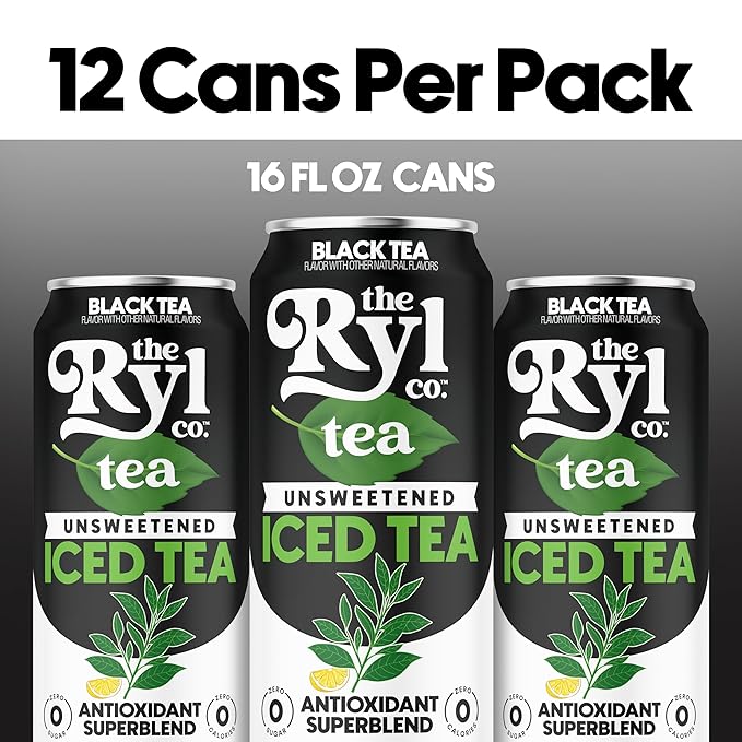 Ryl Unsweetened Black Iced Tea – Antioxidant Superblend, No Artificial Ingredients, Zero Sugar, Zero Calorie, Low Carb, Non-GMO, Kosher, Gluten Free, Made in the USA, 12-Pack, 16 Fl Oz