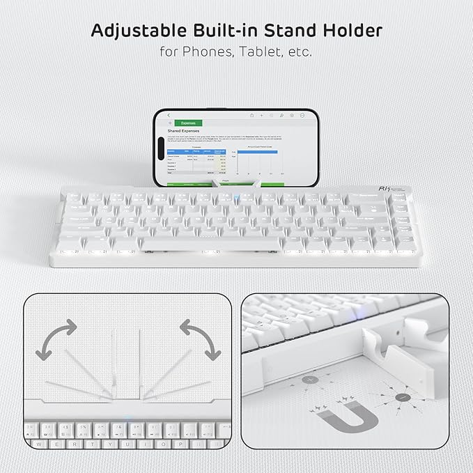 RK ROYAL KLUDGE F68 60% Foldable Low Profile Mechanical Keyboard, Wireless Mechanical Keyboard with Aluminum Body, Built-in Stand Holder, White Backlit, 68 Keys, Tactile Brown Switch