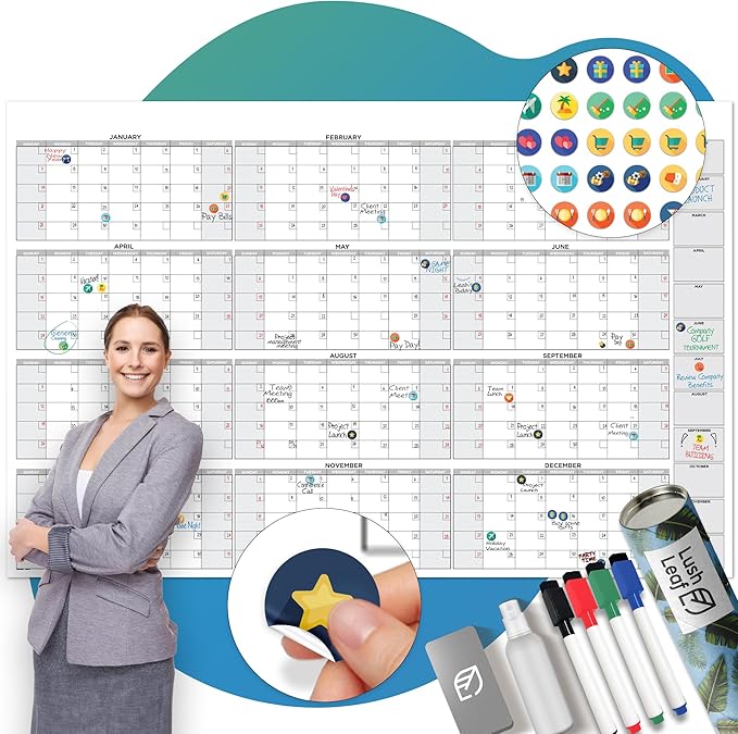 Large Dry Erase Calendar for Wall, 38" x 58" - Undated, Yearly, Reusable - Full 12 Month Year - Includes Markers, Eraser & Accessories