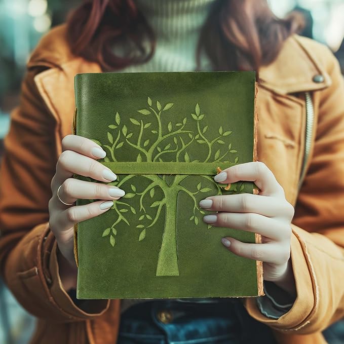 LEATHER VILLAGE Tree of Life Journal - 6 X 4 (A6) inches - Green - 200 Antique Deckle Edge Handmade Paper – Book of Shadows - Vintage Leather Bound Journal for Women & Men