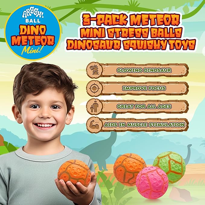 Power Your Fun Arggh Meteor Mini Stress Balls for Kids and Adults - 3pk Squishy Stress Balls Sensory Toys with Dinosaur, Squishy Ball Fidget Toys Tension Relief Squeeze Toy (Pink, Orange, Green)