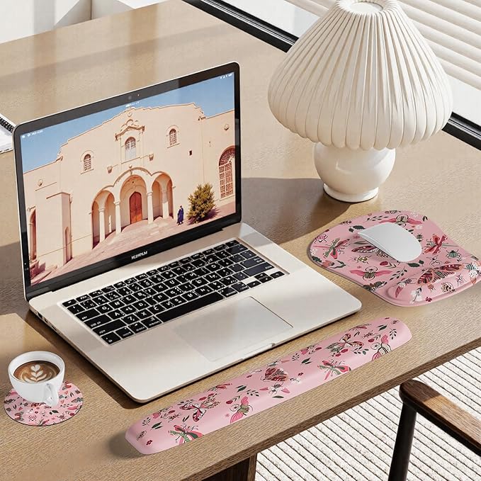 HAOCOO Gel Mouse Pad with Wrist Rest, Ergonomic Keyboard Wrist Rest Memory Foam for Computer Keyboard, 3 in 1 Mouse pad Set with Non-Slip PU Base, Easy Typing & Pain Relief (Pink)